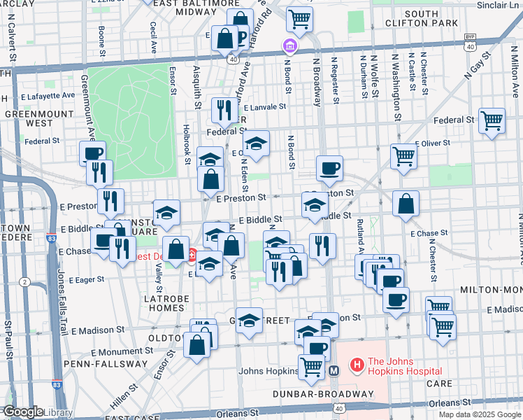 map of restaurants, bars, coffee shops, grocery stores, and more near 1215 North Spring Street in Baltimore