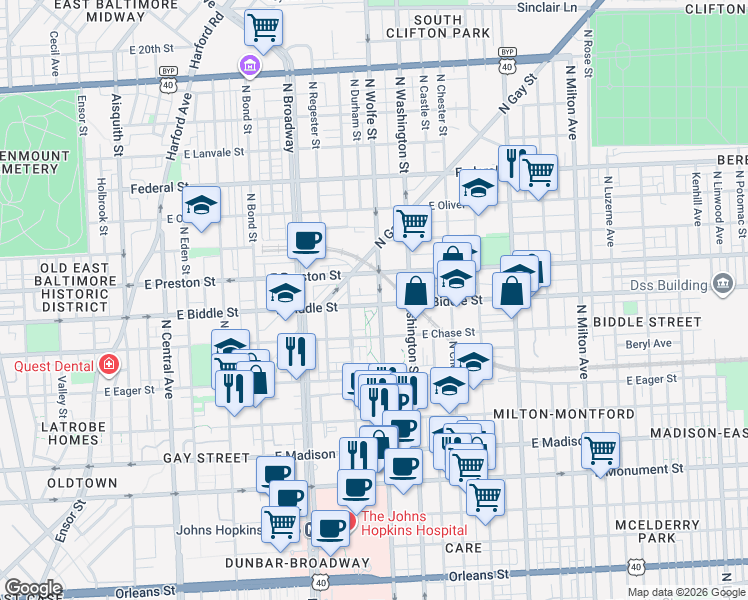 map of restaurants, bars, coffee shops, grocery stores, and more near 1836 East Biddle Street in Baltimore