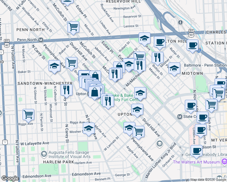 map of restaurants, bars, coffee shops, grocery stores, and more near 1618 Druid Hill Avenue in Baltimore