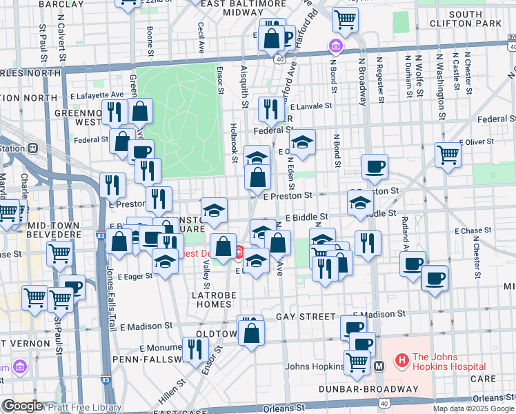 map of restaurants, bars, coffee shops, grocery stores, and more near 1227 Harford Avenue in Baltimore