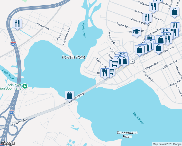 map of restaurants, bars, coffee shops, grocery stores, and more near 26 Riverside Road in Essex
