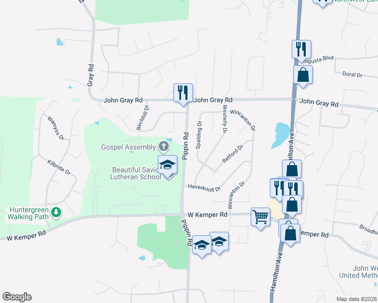 map of restaurants, bars, coffee shops, grocery stores, and more near 12066 Pippin Road in Cincinnati
