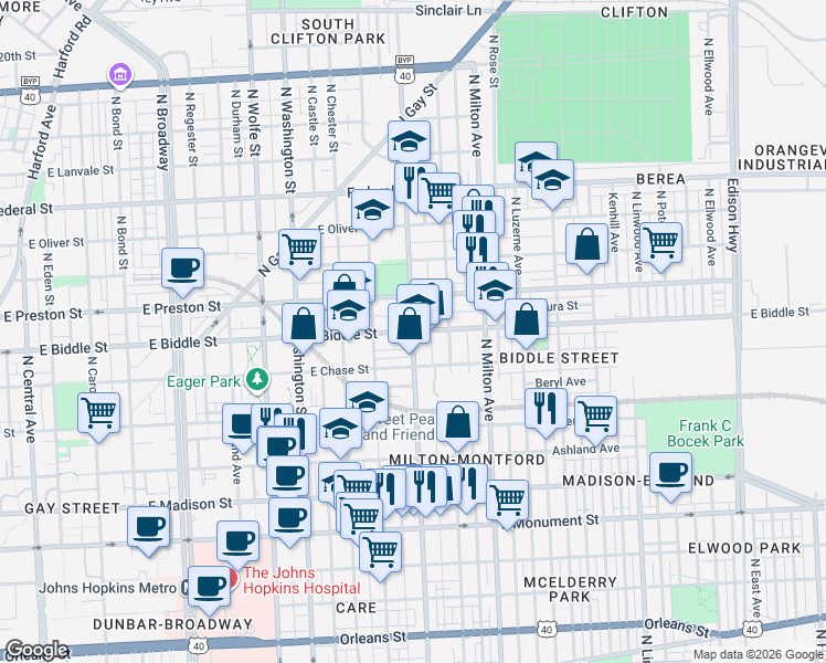 map of restaurants, bars, coffee shops, grocery stores, and more near E Biddle St & N Patterson Park Ave in Baltimore