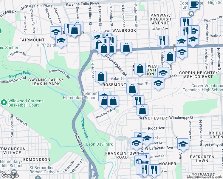 map of restaurants, bars, coffee shops, grocery stores, and more near 3112 Presstman Street in Baltimore