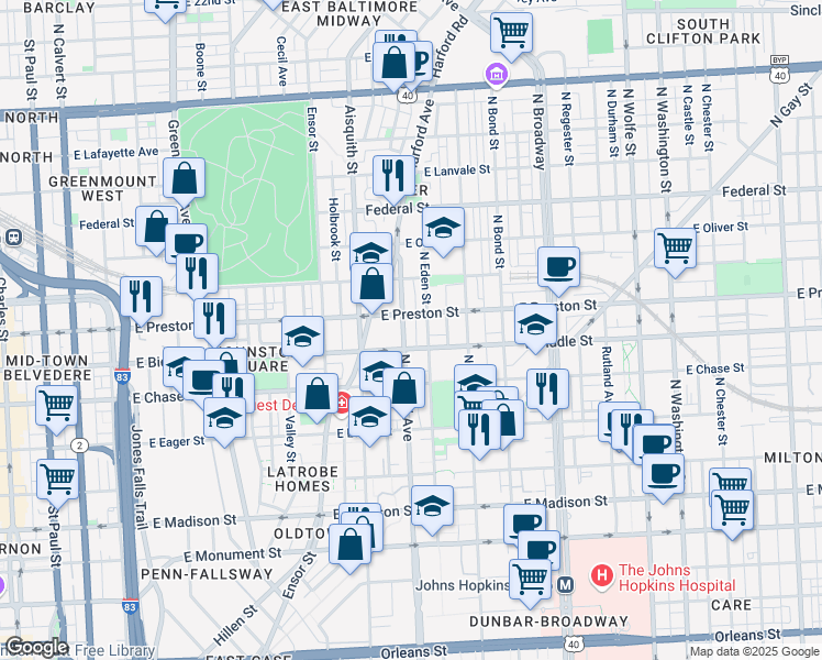 map of restaurants, bars, coffee shops, grocery stores, and more near 1223 North Central Avenue in Baltimore