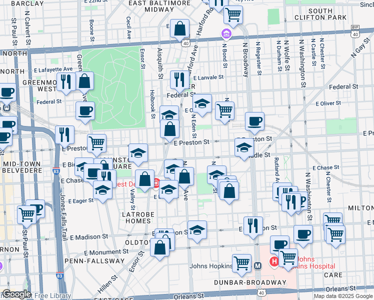 map of restaurants, bars, coffee shops, grocery stores, and more near 1223 North Central Avenue in Baltimore