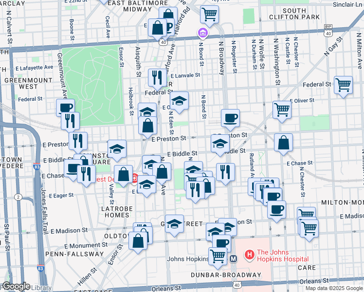 map of restaurants, bars, coffee shops, grocery stores, and more near 1215 North Spring Street in Baltimore