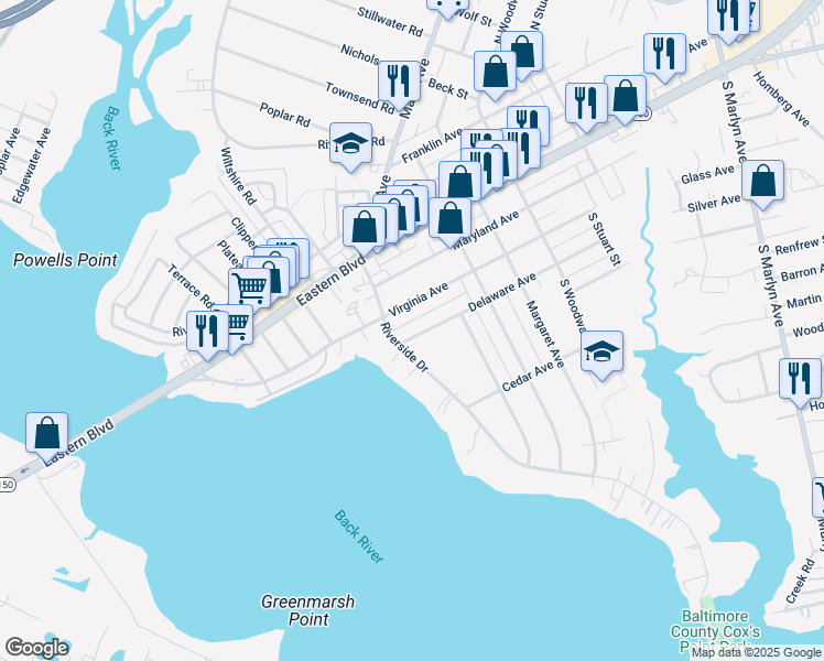 map of restaurants, bars, coffee shops, grocery stores, and more near 404 Delaware Avenue in Essex