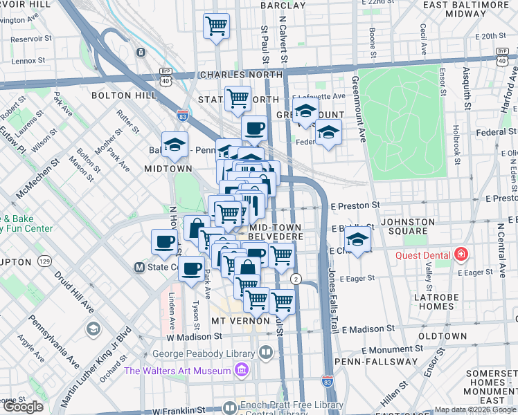 map of restaurants, bars, coffee shops, grocery stores, and more near 18 East Preston Street in Baltimore