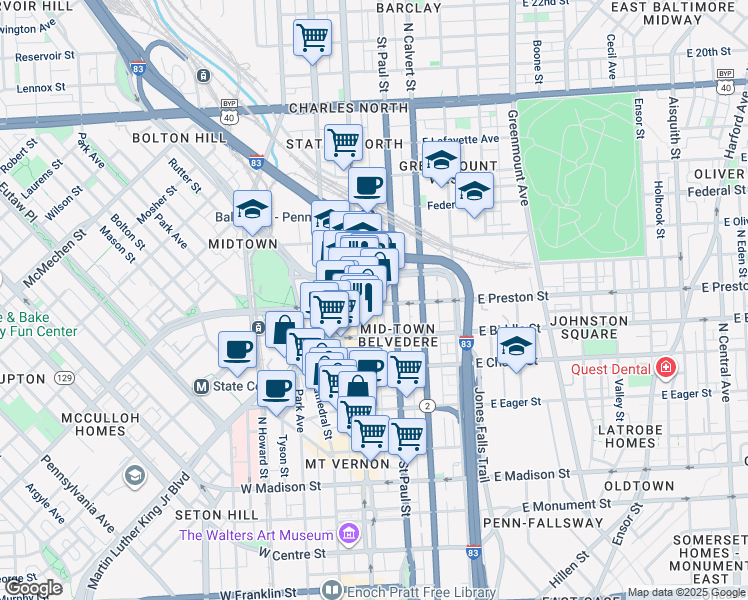 map of restaurants, bars, coffee shops, grocery stores, and more near 18 East Preston Street in Baltimore
