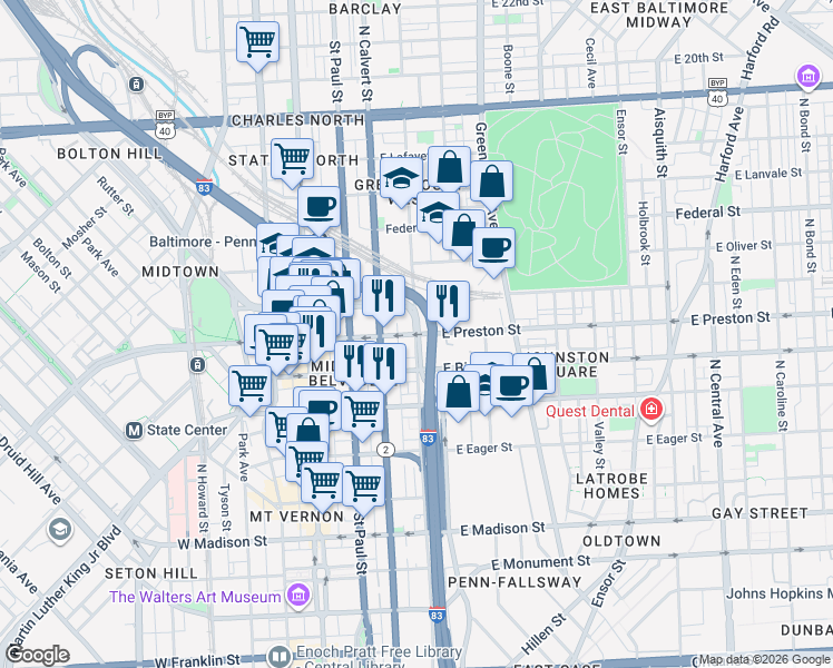 map of restaurants, bars, coffee shops, grocery stores, and more near E Preston St & Guilford Ave in Baltimore