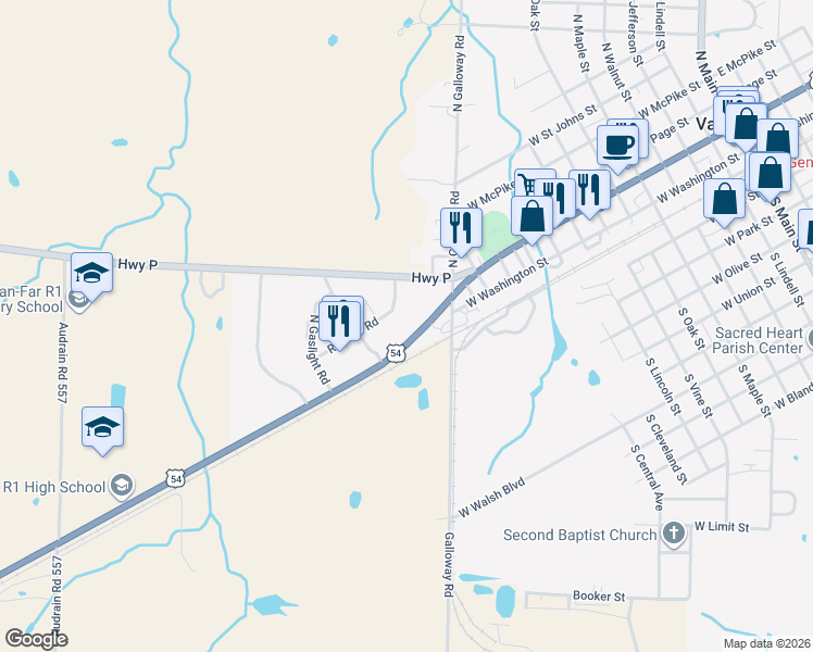map of restaurants, bars, coffee shops, grocery stores, and more near 1411 U.S. 54 in Vandalia