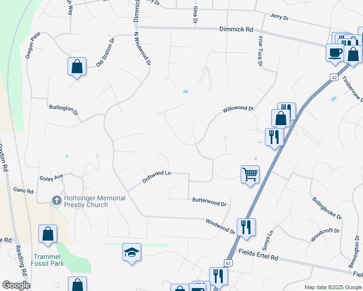 map of restaurants, bars, coffee shops, grocery stores, and more near 7023 Willowood Drive in Butler County