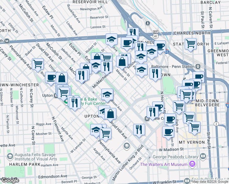 map of restaurants, bars, coffee shops, grocery stores, and more near 1402 Eutaw Place in Baltimore