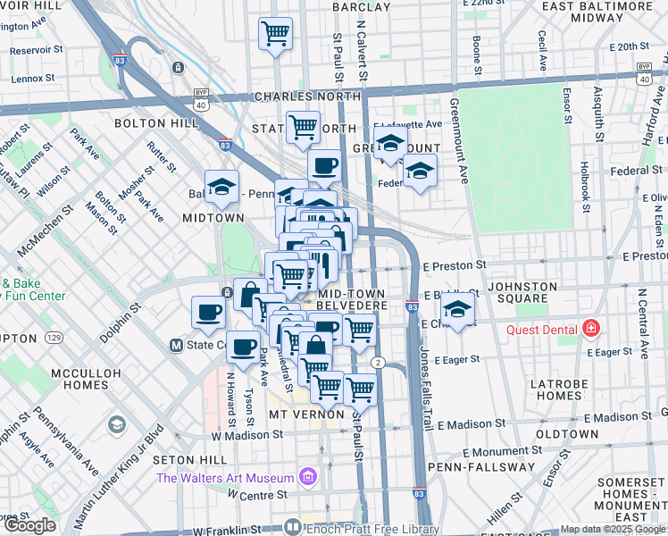 map of restaurants, bars, coffee shops, grocery stores, and more near 20 East Preston Street in Baltimore