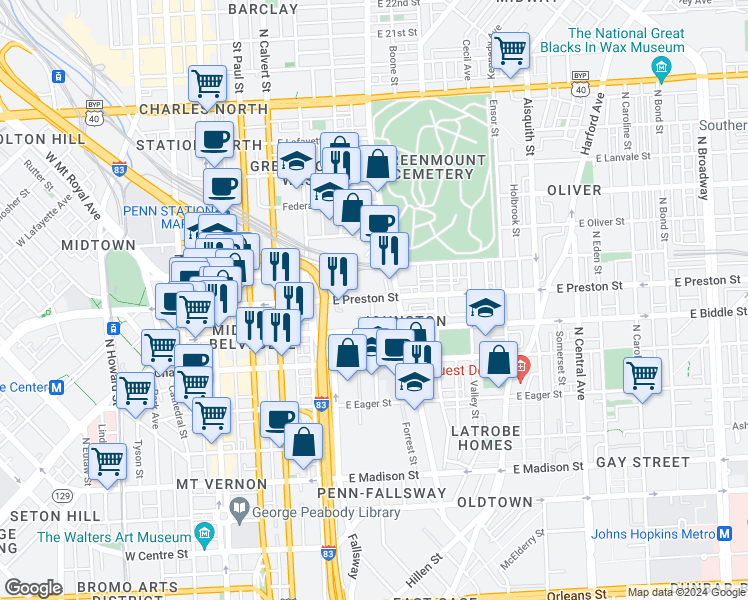map of restaurants, bars, coffee shops, grocery stores, and more near 101 Independence Avenue Southeast in Washington