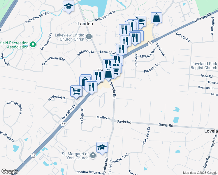 map of restaurants, bars, coffee shops, grocery stores, and more near 9015 Columbia Road in Loveland