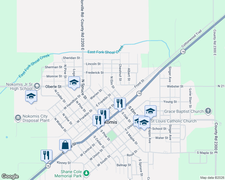 map of restaurants, bars, coffee shops, grocery stores, and more near 321 East Franklin Street in Nokomis