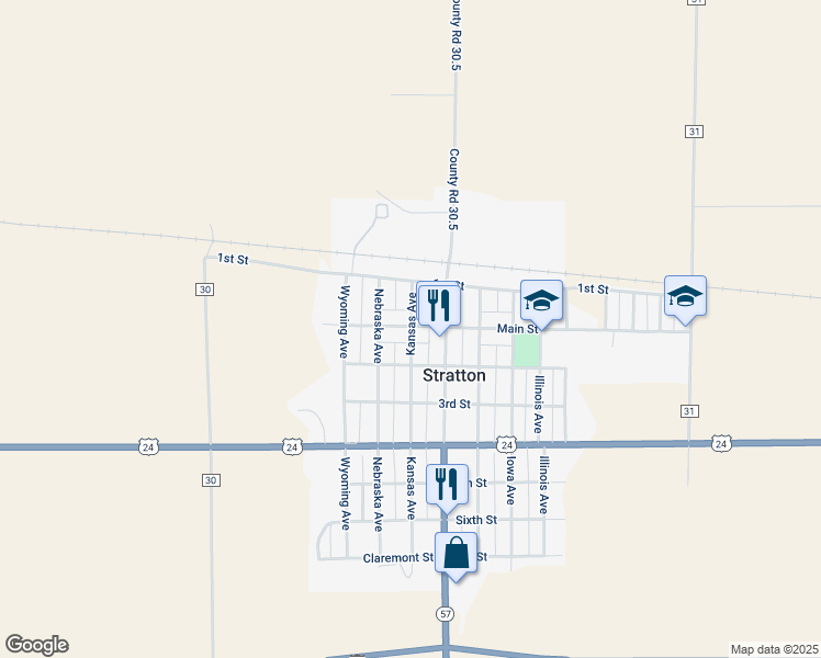 map of restaurants, bars, coffee shops, grocery stores, and more near 213 Kansas Avenue in Stratton