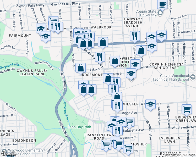 map of restaurants, bars, coffee shops, grocery stores, and more near 3018 Presstman Street in Baltimore