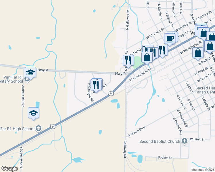 map of restaurants, bars, coffee shops, grocery stores, and more near 1411 U.S. 54 in Vandalia