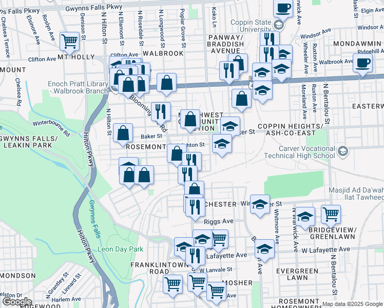 map of restaurants, bars, coffee shops, grocery stores, and more near 1501 Poplar Grove Street in Baltimore