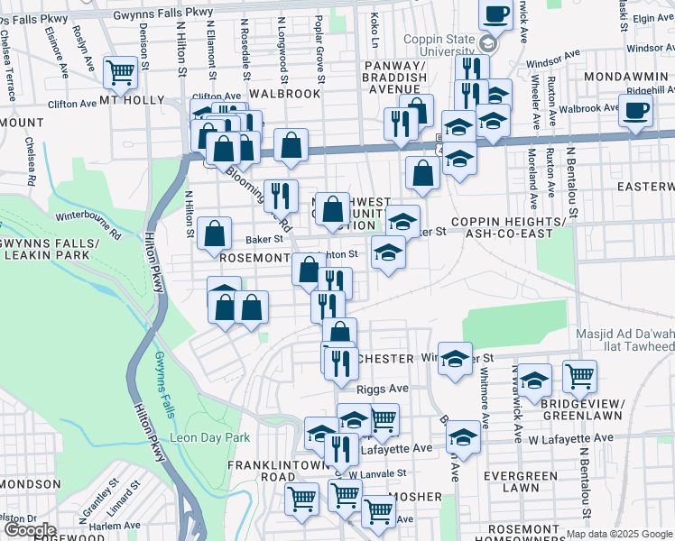 map of restaurants, bars, coffee shops, grocery stores, and more near 1501 Poplar Grove Street in Baltimore