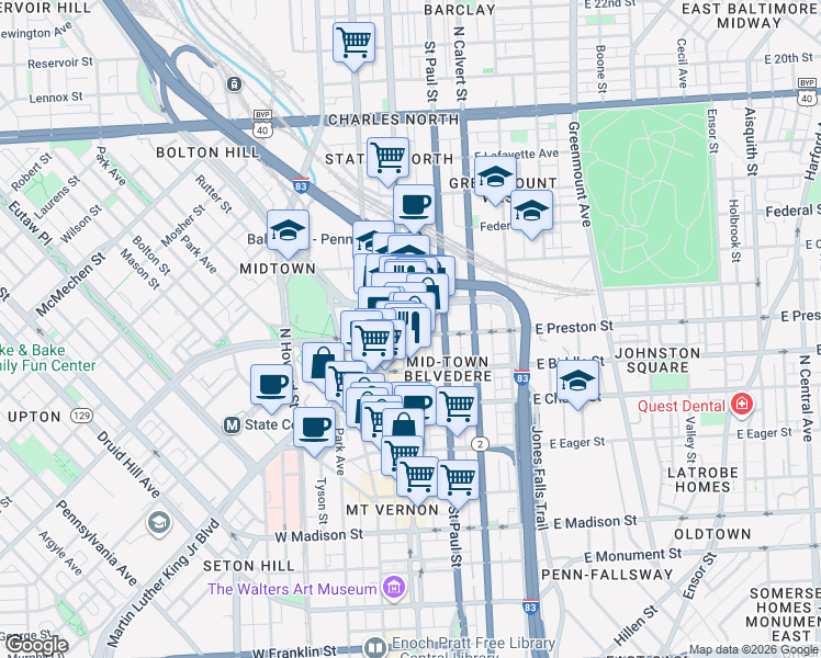 map of restaurants, bars, coffee shops, grocery stores, and more near 4 East Preston Street in Baltimore