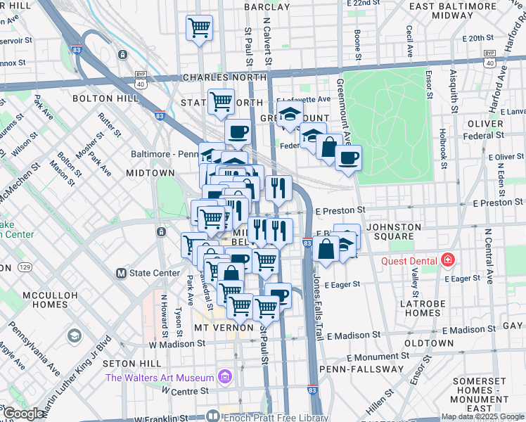 map of restaurants, bars, coffee shops, grocery stores, and more near 101 Independence Avenue Southeast in Washington