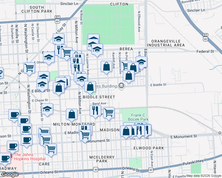 map of restaurants, bars, coffee shops, grocery stores, and more near 2811 East Biddle Street in Baltimore
