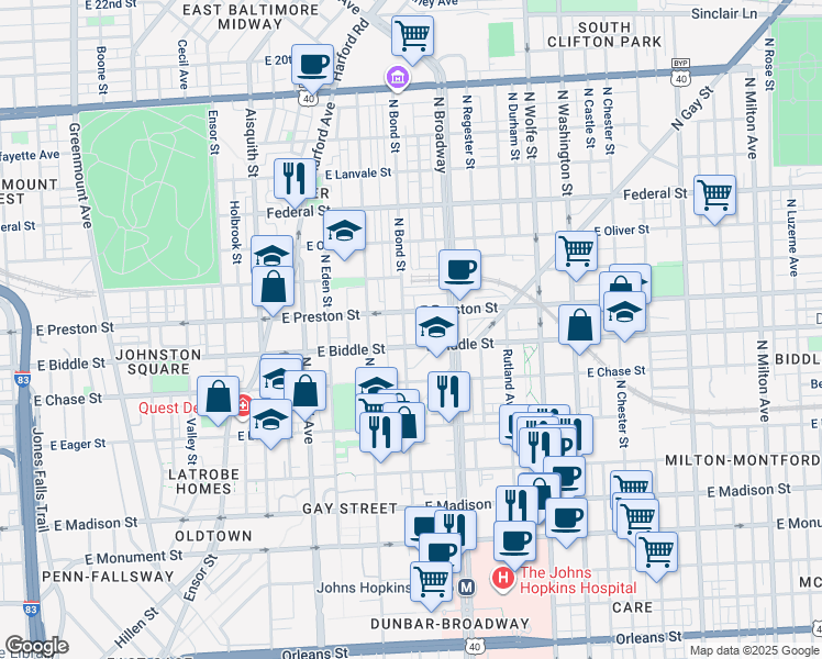 map of restaurants, bars, coffee shops, grocery stores, and more near 1223 North Bond Street in Baltimore