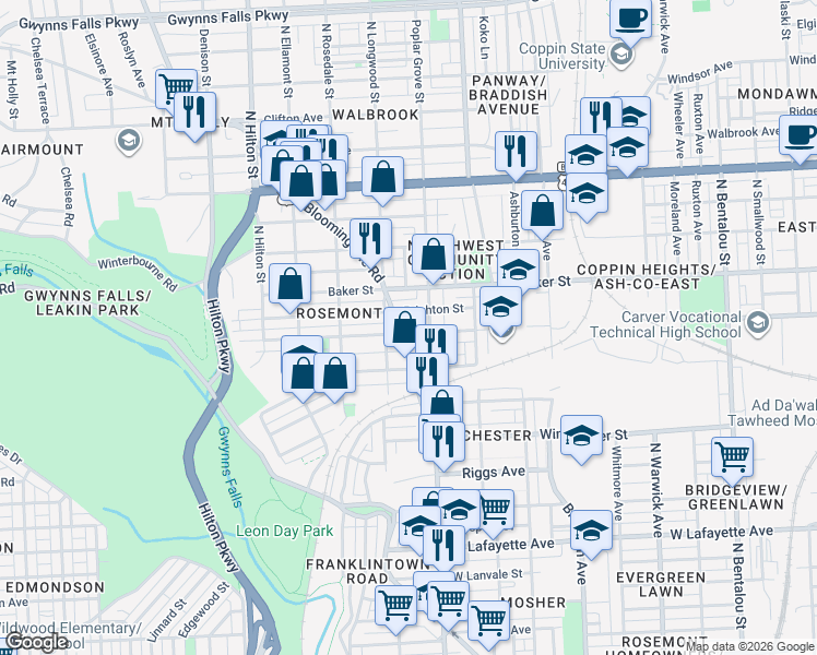 map of restaurants, bars, coffee shops, grocery stores, and more near 2924 Presstman Street in Baltimore