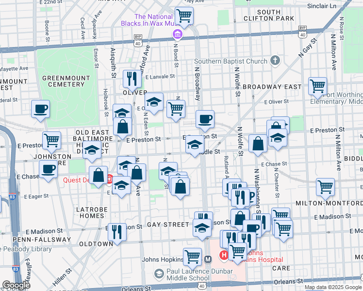 map of restaurants, bars, coffee shops, grocery stores, and more near 1223 North Bond Street in Baltimore