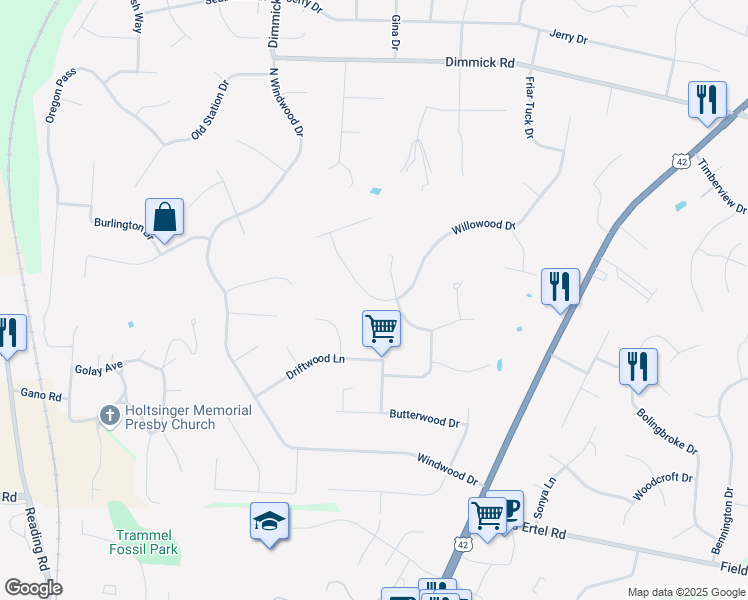 map of restaurants, bars, coffee shops, grocery stores, and more near 7023 Willowood Drive in Butler County
