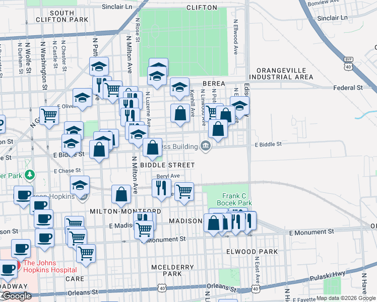 map of restaurants, bars, coffee shops, grocery stores, and more near 2811 East Biddle Street in Baltimore