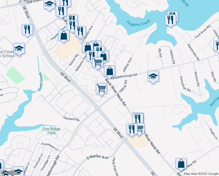 map of restaurants, bars, coffee shops, grocery stores, and more near 1572 Alconbury Road in Essex