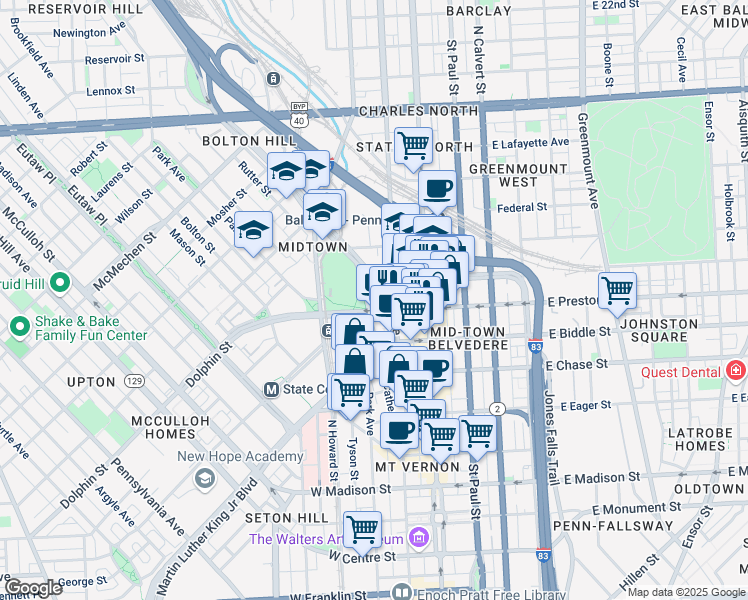 map of restaurants, bars, coffee shops, grocery stores, and more near 1311 Cathedral Street in Baltimore