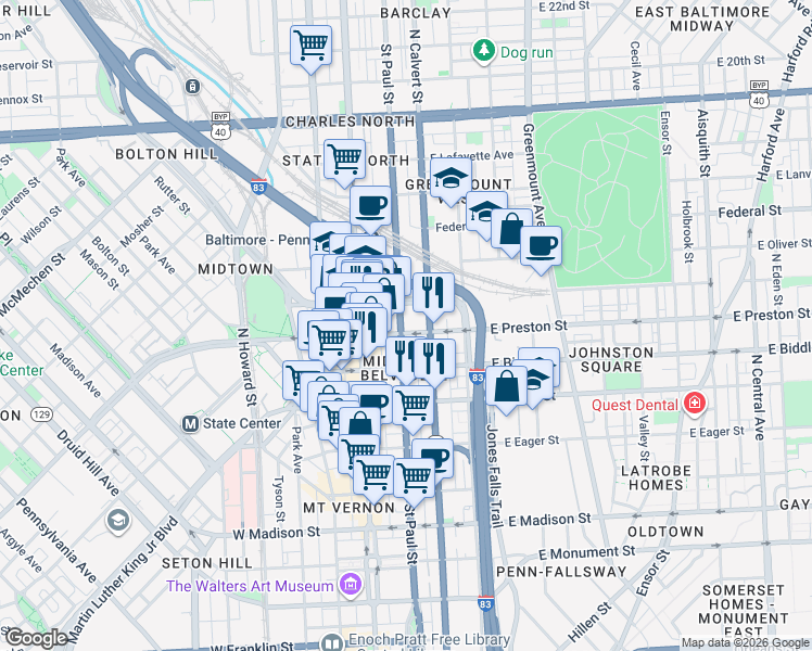 map of restaurants, bars, coffee shops, grocery stores, and more near 101 Independence Avenue Southeast in Washington