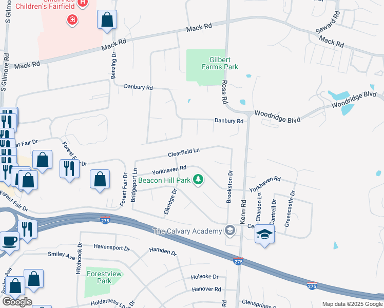 map of restaurants, bars, coffee shops, grocery stores, and more near 845 Clearfield Lane in Cincinnati
