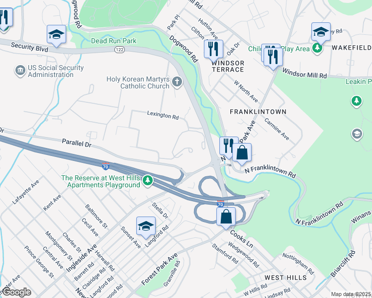 map of restaurants, bars, coffee shops, grocery stores, and more near 1 Torlina Court in Woodlawn