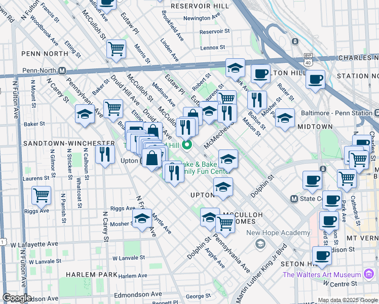 map of restaurants, bars, coffee shops, grocery stores, and more near 1609 Druid Hill Avenue in Baltimore