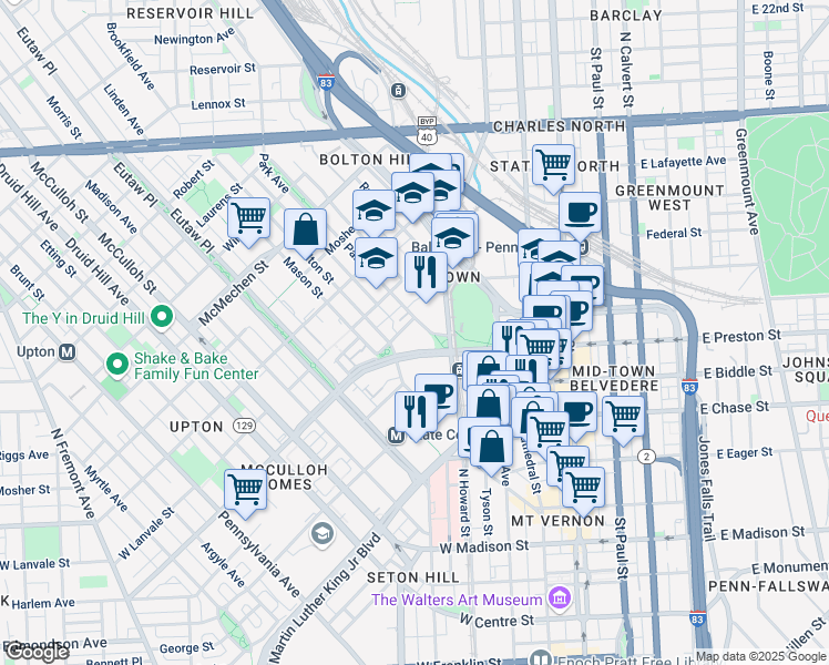 map of restaurants, bars, coffee shops, grocery stores, and more near 1120 Park Avenue in Baltimore