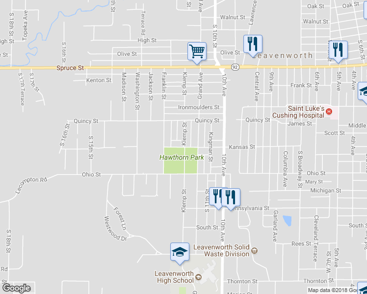 map of restaurants, bars, coffee shops, grocery stores, and more near 1398 Klemp Street in Leavenworth