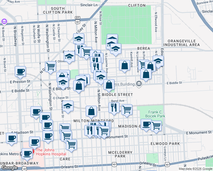 map of restaurants, bars, coffee shops, grocery stores, and more near 1200 North Luzerne Avenue in Baltimore