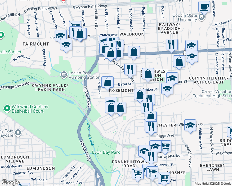 map of restaurants, bars, coffee shops, grocery stores, and more near 3113 Brighton Street in Baltimore