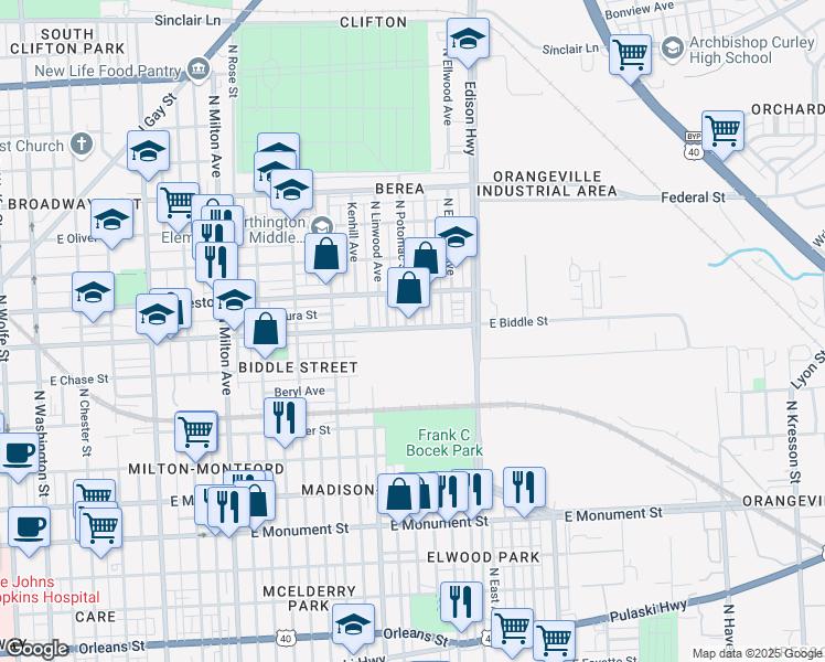 map of restaurants, bars, coffee shops, grocery stores, and more near 2901 East Biddle Street in Baltimore