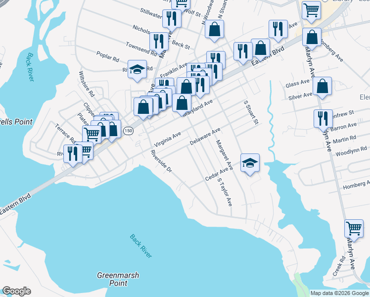 map of restaurants, bars, coffee shops, grocery stores, and more near 300 Lorraine Avenue in Essex