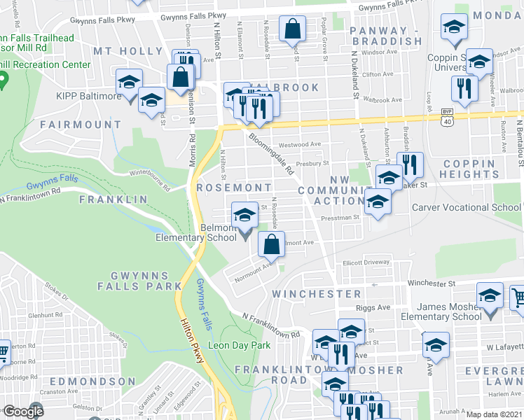 map of restaurants, bars, coffee shops, grocery stores, and more near 3113 Brighton Street in Baltimore