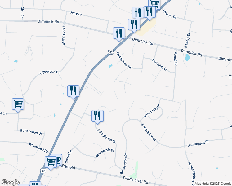 map of restaurants, bars, coffee shops, grocery stores, and more near 9876 Tall Timber Drive in Butler County