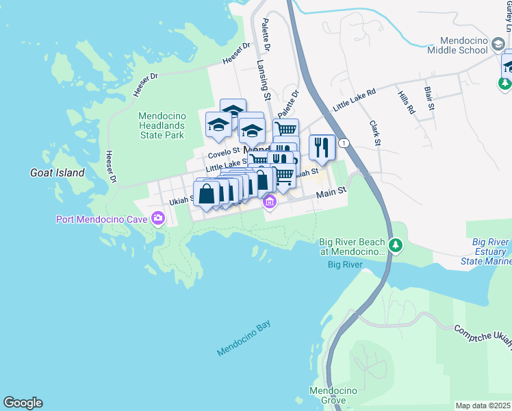 map of restaurants, bars, coffee shops, grocery stores, and more near 45070 Main Street in Mendocino